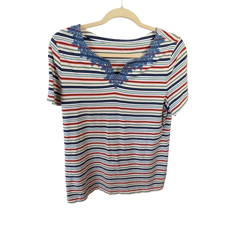 Talbots Womens Large Cotton Stripe Crochet Lace Trim Split Neck Tee Multi-Color